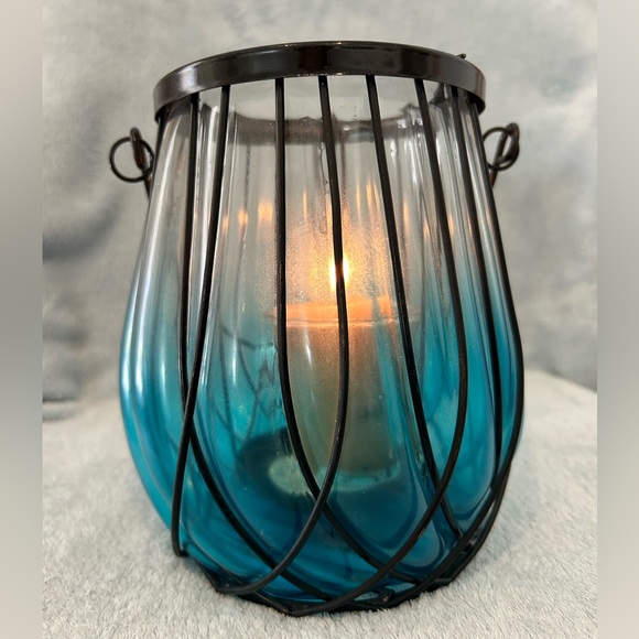 Large Blue Glass And Metal Candle Holder - Picture 5 of 6